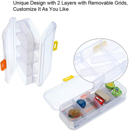 BTSKY Clear Double Deck School Pencils Box- Stationery Box Adjustable Small Pencil Case Organizer Durable Plastic Pen Holder Box with 4 compartments for Small School Supplies Organization(5 Pack)