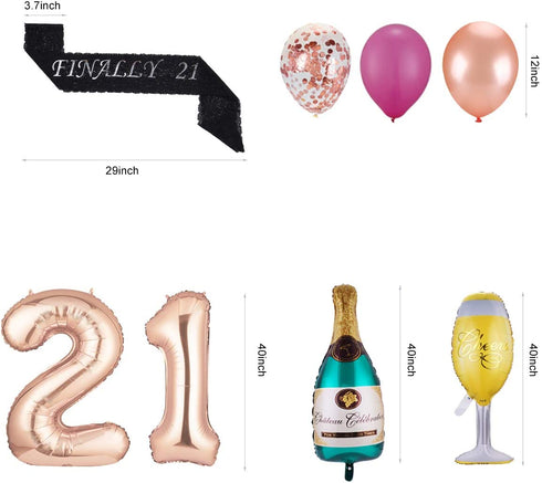 21st Birthday Decorations| 21 Birthday Party Supplies | 21 Cake Topper Rose Gold | Finally 21 Sash|Rose Gold Confetti Balloons for her| Foil Fringe Curtains for Finally Legal 21st Birthday Party