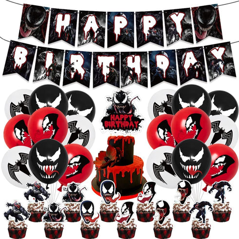 Venom Happy Birthday Party Decorations , Birthday Party Supplies For Venom Includes Happy Birthday Banner - Cake Topper - Cupcake Toppers - Balloons.