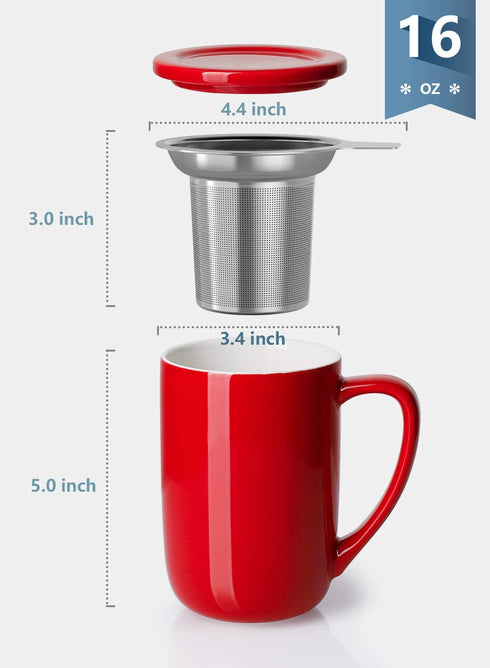 Sweese 203.104 Ceramic Tea Mug with Infuser and Lid, Single Cup Loose Tea Brewing System, Draw Your Own Design, 16 OZ, Red