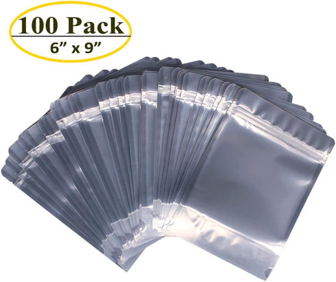 Belinlen 100 Pack 6 x 9 Inch Stand Up Pouch Bags Zipper Mylar Bags Clear Front with Aluminum Foil Back Reusable Food Storage Bags for Multipurpose with Gusset Bottom(5.5mil Thickness)