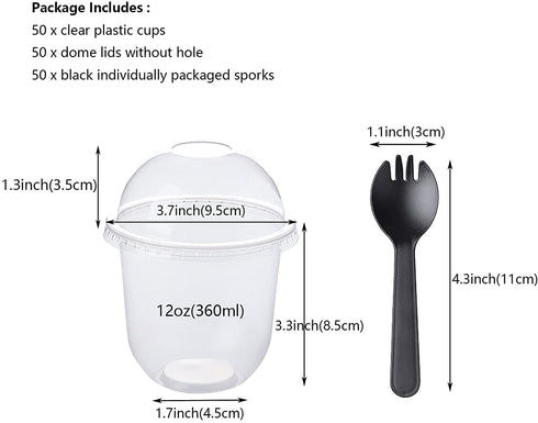 50Pcs 12oz Clear Plastic Cups with Dome Lids No Hole and 50Pcs Sporks, Disposable Dessert Party Cups for Ice Cream Cake Cold Drinks