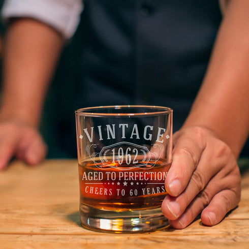 Vintage 1962 Etched 11oz Whiskey Rocks Glass -60th Birthday Aged to Perfection - 60 years old gifts Bourbon Scotch Lowball Old Fashioned