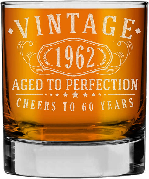 Vintage 1962 Etched 11oz Whiskey Rocks Glass -60th Birthday Aged to Perfection - 60 years old gifts Bourbon Scotch Lowball Old Fashioned