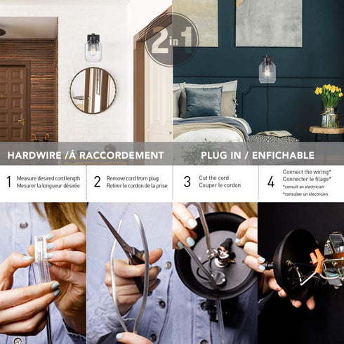 Globe Electric 51551 Middleton 1-Light Plug-in or Hardwire Wall Sconce, Dark Bronze, Clear Glass Shade, 6ft Black Fabric Covered Cord, Inline On/Off Rocker Switch