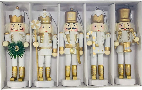 BlueSpace Christmas Nutcracker Ornaments Set Wooden Nutcrackers Hanging Decorations for Christmas Tree Figures Puppet Toy Gifts(5'',Set of 5pcs,White)