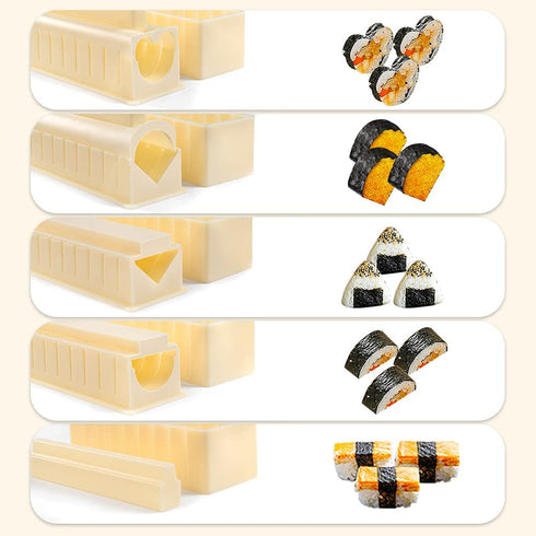 Upgraded Sushi Making Kit Deluxe Edition with Complete Sushi Set 14 Pieces Plastic Sushi Maker Tool Complete with 12 Sushi Rice Roll Mold Shapes Fork Spatula DIY Home Sushi Tool