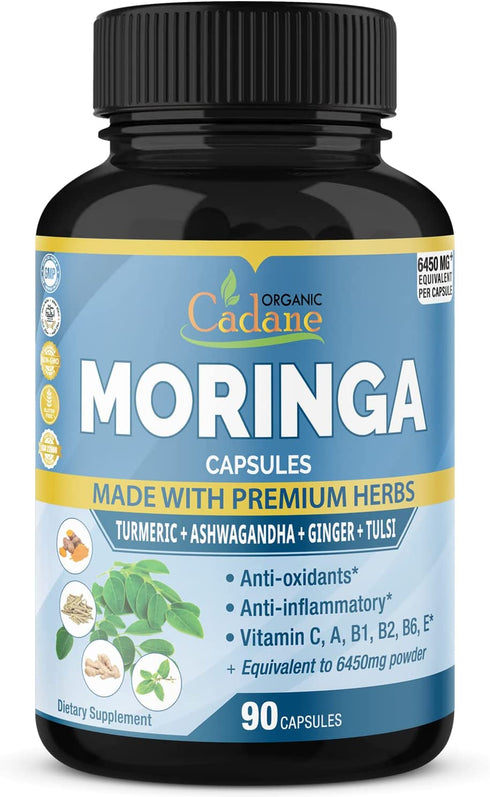 Organic Moringa Extract Capsules equivalent to 6450MG, 3 Months Supply & Ashwagandha, Tulsi, Ginger, Turmeric| Multi Vitamin Oleifera Leaf Herb| Support Immune, Energy Booster| Anti-Inflammatory Herbs