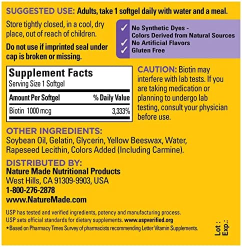 Nature Made Biotin 1000 mcg, Dietary Supplement Supports Healthy Hair & Skin, 120 Softgels, 120 Day Supply
