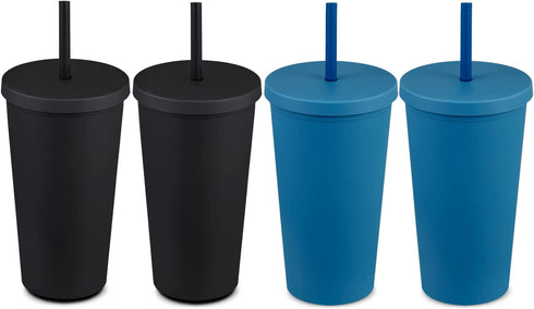 MEWAY 20oz Pastel Colored Acrylic Cups with Lids and Straws,Tumblers with Lids?Double Wall Matte Reusable Plastic Bulk,for Parties, Birthdays, home,Customization?DIY Gifts(2Black/2Navy, 4 PACK)