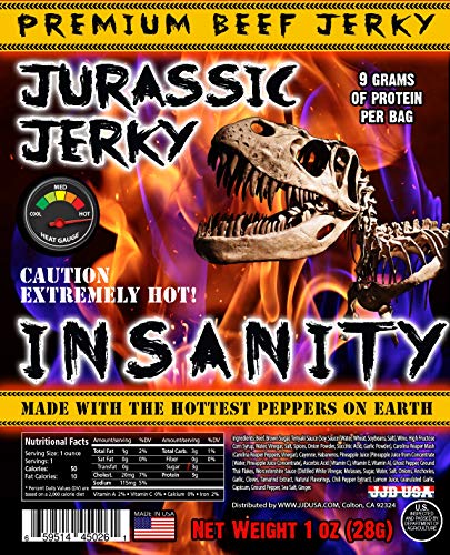 JURASSIC JERKY “INSANITY” HOT Beef Jerky made with the Ghost, Habanero & Carolina Reaper the Hottest Pepper on Earth! Can you handle the Heat? Take the INSANITY Challenge! (1 oz bag)