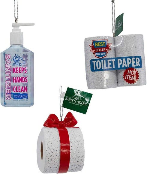 Kurt Adler Hand Sanitizer and Toilet Paper Ornament, Set of 3