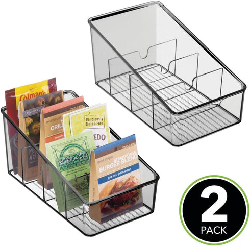 mDesign Plastic Food Packet Organizer Bin Caddy - Storage Station for Kitchen, Pantry, Cabinet, Countertop - Holds Spice Pouches, Dressing Mixes, Hot Chocolate, Tea, Sugar Packets, 2 Pack - Smoke Gray