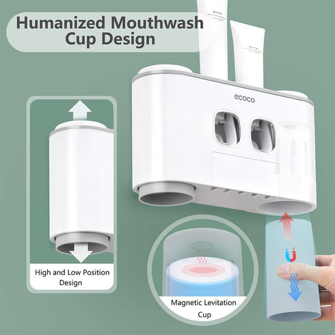 Toothbrush Holder with Toothpaste Dispenser Wall Mounted for Bathroom-Automatic Electric Tooth Pastetooth Squeezer-Bathroom Organizer Storage Accessories Set for Kids with 5 Toothbrush Organizer Slots