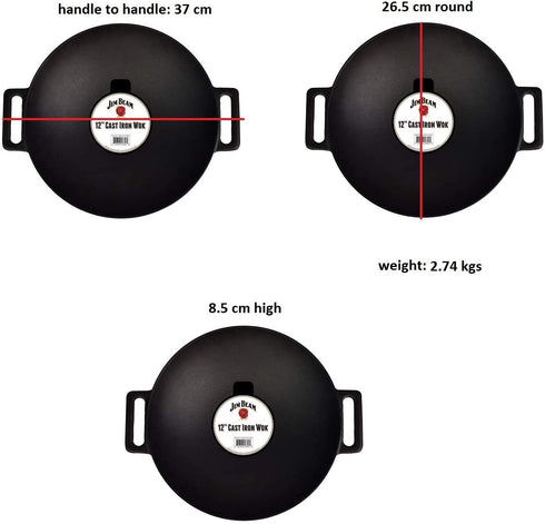 Jim Beam 12'' Pre Seasoned Heavy Duty Construction Cast Iron Grilling Wok, Griddle and Stir Fry Pan