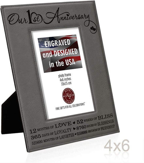 KATE POSH Our First (1st) Anniversary Engraved Leather Picture Frame - Gifts for Couple, Gifts for Him, Gift for Her, Paper, Photo Frame, First Wedding (4x6-Vertical)
