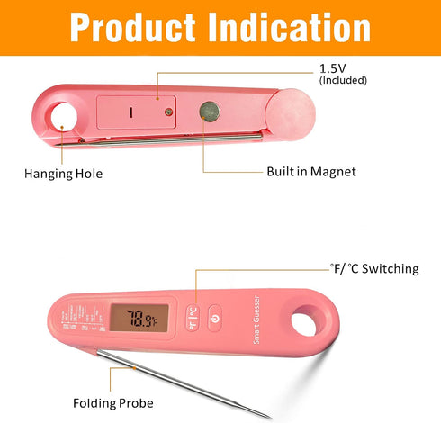 Smart Guesser Digital Meat Thermometer with Backlight for Kitchen Cooking-Instant Read Food Thermometer for Meat, Deep Frying, Baking,Grilling BBQ-Pink, (UIE-OT-104)