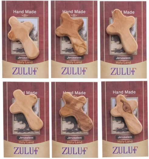 Zuluf Six Small Olive Wood Crosses The Holding Crosses From Israel | Handheld, Comforting Design for Clutching, Clinging With 6 Holy Land Certificates 6cm / 2.5 Inch Each Cross - CRS095