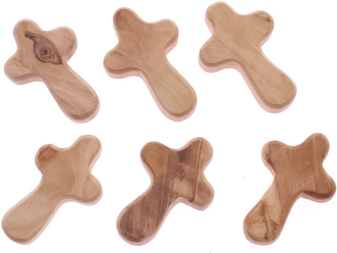 Zuluf Six Small Olive Wood Crosses The Holding Crosses From Israel | Handheld, Comforting Design for Clutching, Clinging With 6 Holy Land Certificates 6cm / 2.5 Inch Each Cross - CRS095