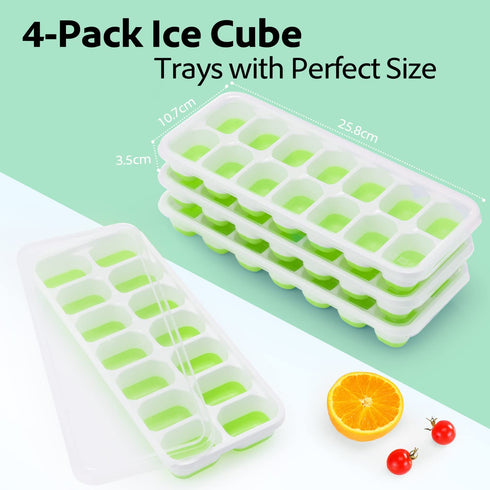 Ice Cube Tray 4 Pack, Silicone Ice Cube Trays with Removable Lid Easy-Release Flexible Ice Cube Molds 14 Cubes per Tray for Cocktail, Whiskey, Baby Food, Chocolate, Drinks, Fruit, BPA Free Freezer