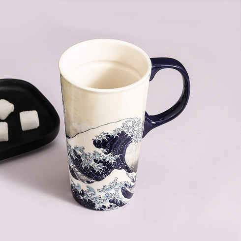 Ceramic Travel Mug Porcelain Coffee Cup with Spill-proof Lid and Box, 17 Oz.