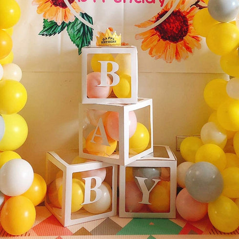 Baby Shower Boxes Party Decorations, 4-Pack Transparent Balloons Boxes D©cor with BABY Letters Blocks for Boys Girls Baby Shower Decorations Gender Reveal Bridal Showers Birthday Party Backdrop