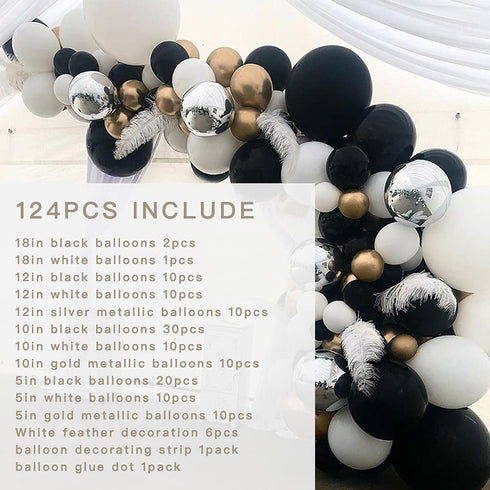 Black Gold Metallic White Silver Metallic Balloon Garland Arch kit backdrop 124pcs Great Latex Balloons Set for Wedding Birthday Balloons Graduation Party babyshower Decorations.