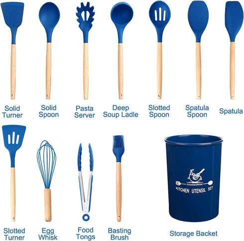 mossFlos Kitchen Cooking Utensils Set, 12 pcs Non-Stick Silicone Cooking Kitchen Utensils with Holder, Heat Resistant Kitchen Gadgets Utensil Set,Dark Blue
