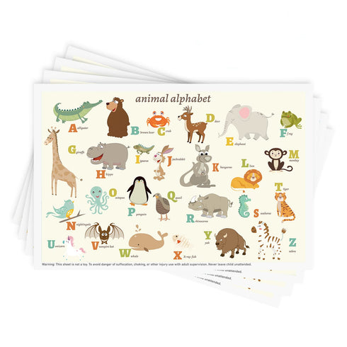 Disposable Stick-on Placemats 40 Pack for Baby & Kids, Restaurant Table Mats 12" x 18" Sticky Place Mats, Toddler Baby Placemat, Animal Alphabet Theme