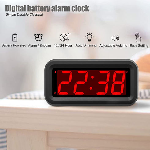 EUTUKEY Bedroom Alarm Clock Battery Operated Only, 1.2" LED Screen, Big Red Digit Display, 2-Levels Dimming, Snooze, 12/24h, Easy Digital Clock for Kids and Adults, Elderly, Boys, Girls