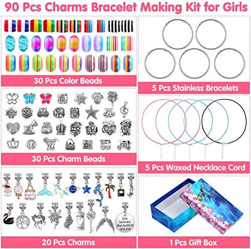 Thrilez 90 Pcs Charms Bracelet Making Kit for Girls, DIY Charm Bracelets Kit with Jewelry Beads, Bracelet Charms Gift for Girls Ages 7-12, Bracelet Kit Jewelry Gift for Girls Kids Teens and Adults