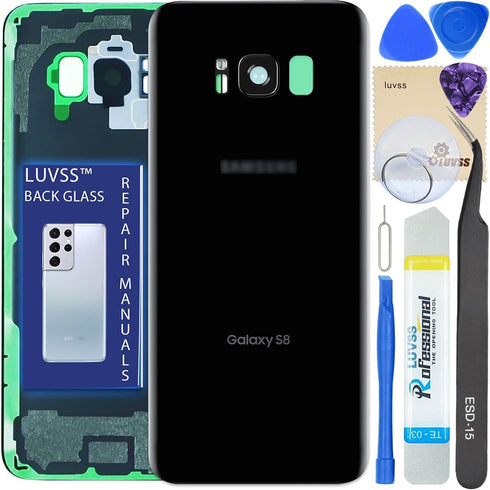 LUVSS Rear Glass for Samsung Galaxy S8 SM-G950 Back Glass Panel Replacement + Camera Glass Cover Case Housing + Repair Manual DIY Tools Kit (Black)