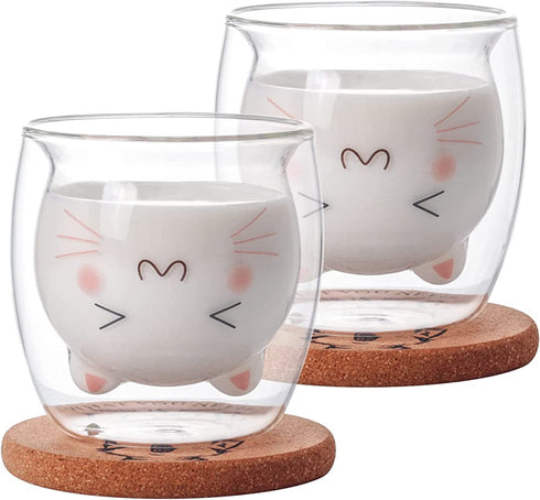Bgbg Cute Cat Coffee Mug Set of 2, Double Wall Glass Tea Cup Milk Glass Cup Clear Insulated Espresso Mug with Coaster Interesting Gift for You(Cat Mug Set)