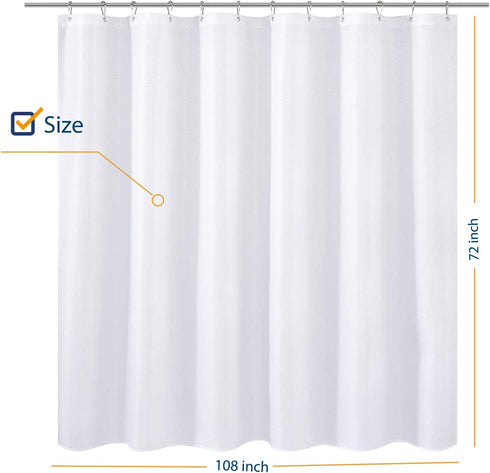 N&Y HOME Extra Wide Fabric Shower Curtain or Liner 108 x 72 inches, Hotel Quality, Washable, Water Repellent, Diamond Patterned White Bathroom Curtains with Grommets