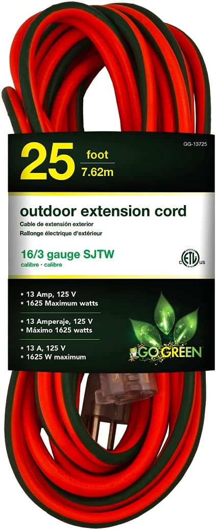 GoGreen Power GG-13725 16/3 25™ SJTW Outdoor Extension Cord, Lighted End, 25 Ft