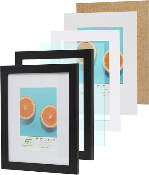 FrameWorks 8x10 inch mat to 5x7 inch Classic Wooden Picture Frames Tempered Glass Black 2-Pack, 8 inchx10 inch