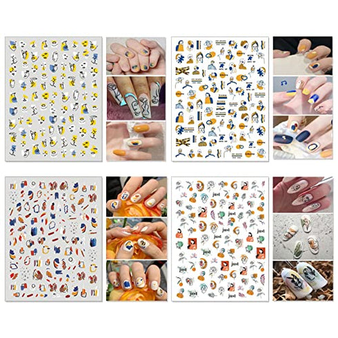TailaiMei 12 Sheets Abstract Nail Art Stickers, Graffiti Fun Self-Adhesive Nail Decals, Minimalist Art Nail Decoration for Women