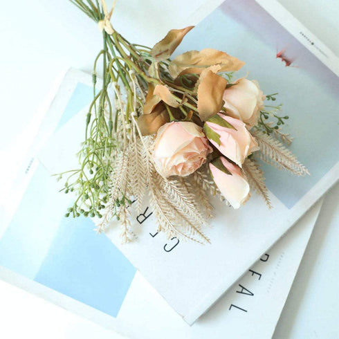 Artificial Dried Flowers Fake Silk Rose Flower Arrangements 2 Packs of Plastic Wheat Ears Bouquet Decor Home Decoration Centerpieces (Champagne)