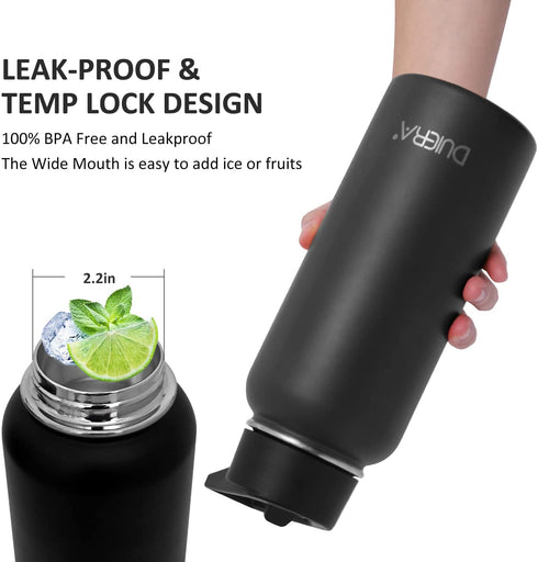 DUIERA 32oz Stainless Steel Water Bottle Vacuum Insulated Water Bottle with Straw & Leak Proof Spout Lids, BPA Free, Keep Cold or Hot - Black