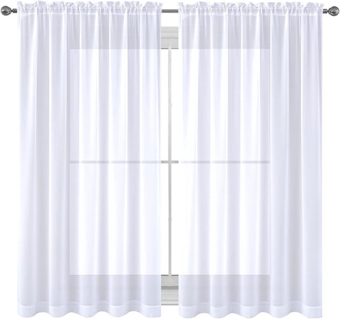 WPM WORLD PRODUCTS MART White Window Sheer Treatment Panels Beautiful Rod Pocket Voile Elegance Curtains Drapes for Living Room, Bedroom, Kitchen Fully Stitched, Set of 2 (White, 63" Inch Long)