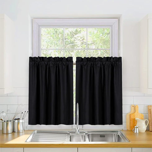 Valea Home Blackout Short Curtains Waterproof Soft Rod Pocket Kitchen Curtains for Bathroom Window Room Darkening Small Curtains for Bedroom 36 inch Length, 2 Panels, Black
