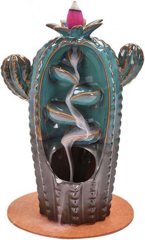 Backflow Incense Burner Cactus-like Waterfall Ceramic Incense Holder- Aromatherapy Ornament with 20 Incense Cones +30 Incense Sticks +1 Mat +1 Tweezer for Home Office Yoga Decor Gift