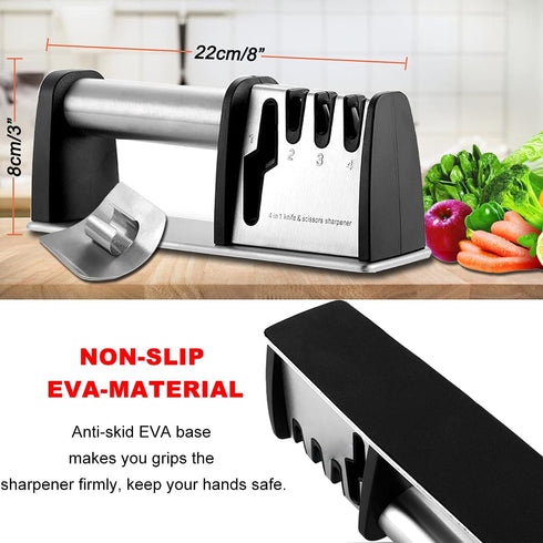 Knife Sharpeners, Best 4 in 1 Manual Kitchen Knives & Scissor Sharpeners, 4 - Stage Knife Sharpening System with Diamond Steel, Ceramic Stone, Ergonomic Design, Non-slip Base?Black?