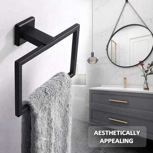 Towel Holder Matte Black, Angle Simple Stainless Steel Bathroom Hand Towel Rack, Square Towel Ring for Wall, 7.09-Inch