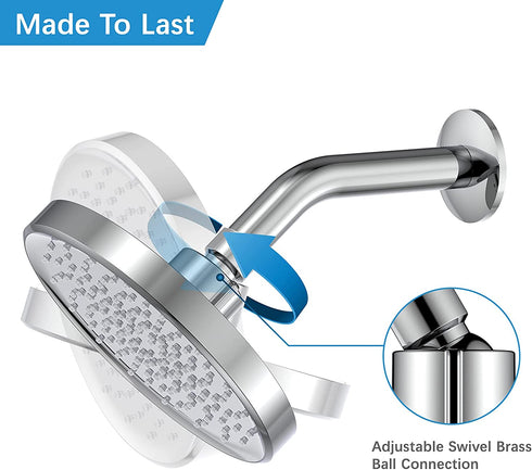 Rainfall Shower Head, 6" Fixed Rain Shower Heads High Pressure with Shower Arm, High Pressure Rain Shower Head 360° Adjustable Angles, Anti-Clogging Silicone Nozzles, 1.8 GPM (Chrome)