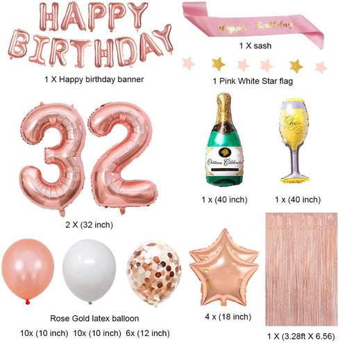 Fancypartyshop 32nd Birthday Decorations - Rose Gold Happy Birthday Banner and Sash with Number 32 Balloons Latex Confetti balloons Ideal for Girl and Women 32 Years Old Birthday Rose Gold
