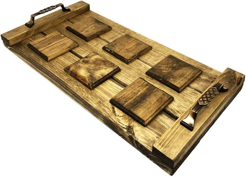 Generic 20inchx10inch Wooden Serving Tray, Rustic Decorative Ottoman Tray with 6 Wooden Coasters, Farmhouse Kitchen Decor, Serving Tray, Wooden Trays for Coffee Table, Decorative Tray,Brown