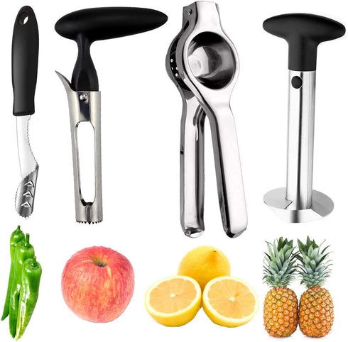 Pineapple Corer Peeler Slicer Cutter, Lemon Press Squeezer Manual Juicer, Apple Corer Remover and Jalapeno Pepper Corer Remover, yamesu 4-piece Set Bundle Kitchen Gadget Tools