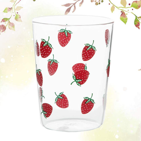Hemoton 350ml Glass Cup Strawberry Pattern Drinking Cup Clear Glass Tea Cup Heat-proof Water Cup for Home Office (Red)