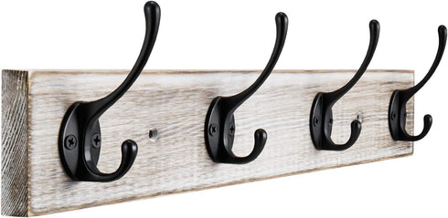 Coat Rack Wall Mounted,Flyisland Entryway Vintage Rustic Farmhouse Coat Rack Pinewood Hat Hanger Rack Zinc die-cast Hook for Entryway, Bathroom, Kitchen, Mudroom ,Bedroom (4 Dual Prong Hook, Black)